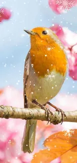 Orange-breasted robin in snow with colorful blossoms.