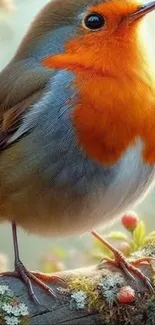 Colorful robin perched on a spring branch with blossoms.