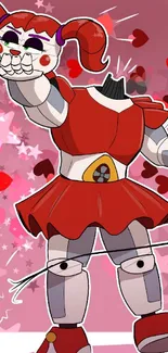 Cartoon robot character with red dress and hearts background.