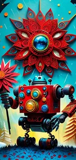 Whimsical robot with floral backdrop in vibrant fantasy setting.