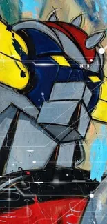 Graffiti style robot art with vibrant colors on a phone wallpaper.