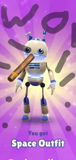 Cartoon robot with space outfit on purple wallpaper.