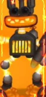 Orange background with fiery robot design amid glowing flames.