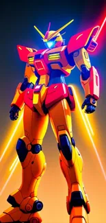 Vibrant robot warrior with dynamic colors against an orange backdrop.