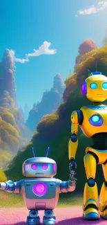 Two vibrant robots in a colorful landscape.