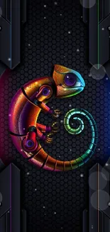 Vibrant robotic chameleon digital wallpaper with colorful black background.