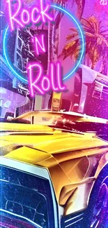 Vibrant neon Rock 'n' Roll mobile wallpaper with classic car.