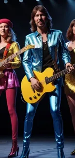 Vibrant rock band in metallic outfits on stage.