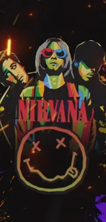 Vibrant rock band illustration with colorful art theme.