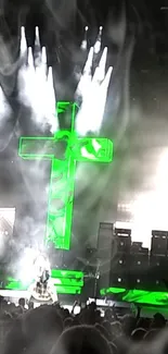 Dynamic rock concert stage with green lighting.