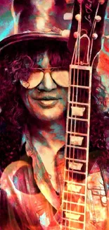 Artistic depiction of a rock guitarist with vibrant colors and abstract style.