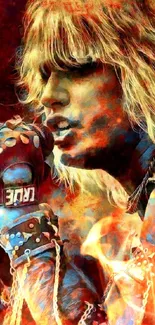 Vibrant artistic depiction of a rock star in action, full of dynamic colors.