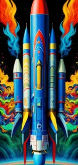 Colorful fantasy rocket with vibrant flames.