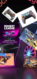 Vibrant Rocket League themed mobile wallpaper with cars and controllers.