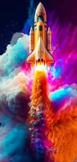 Rocket launching through vibrant, colorful clouds into space.