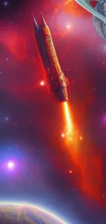 Fiery rocket launching into a vibrant red nebula space scene.