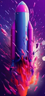 Vibrant rocket with colorful splash on purple background.