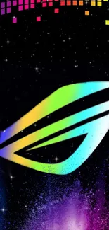 Colorful ROG logo with a vibrant neon effect on a dark background.