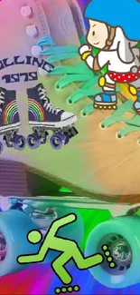 Colorful roller skate graphic with rainbow burst and cartoon character.