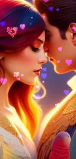 Vibrant artwork featuring a romantic couple with colorful feathers.