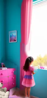 Girl with teddy bear in bright teal and pink room with window light.