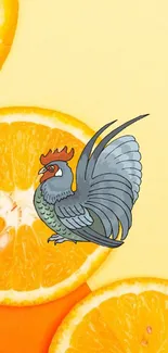 Artistic rooster on orange slices with yellow background.