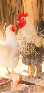 Rooster and chicken in a rustic farm setting with light brown tones.