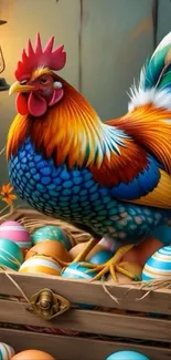 Colorful rooster with Easter eggs in a whimsical scene.