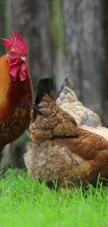 Rooster and hens on a grassy field with rustic background.