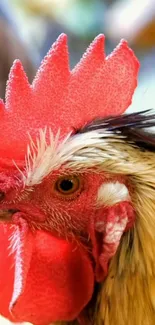 Close-up image of a vibrant rooster's head with detailed feathers.