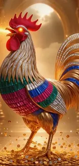 Colorful fantasy rooster with luminous feathers.
