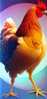 Vibrant orange rooster with a colorful gradient background.