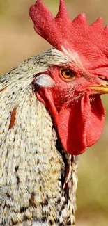 Close-up of a rooster with vibrant red comb and detailed feathers.