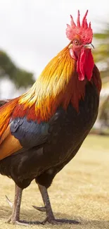 Vibrant rooster with colorful feathers in a natural setting.