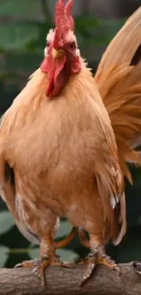 Golden rooster perched on branch with lush green background.