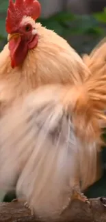 A vibrant rooster with fluffed feathers perched on a branch.