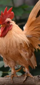 A majestic rooster with colorful feathers standing on a branch.