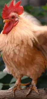 A majestic rooster spreads its wings on a branch.