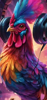 Vibrant colorful rooster wearing headphones, fantasy art design.