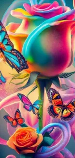 Vivid rose and butterflies in colorful art wallpaper.