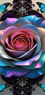 Vibrant rose with colorful butterflies in a detailed wallpaper design.
