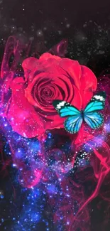 Vibrant red rose with a blue butterfly on cosmic background.