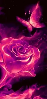 Pink rose and butterfly vibrant wallpaper.