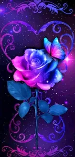 Vibrant rose and butterfly on cosmic background with vivid colors.