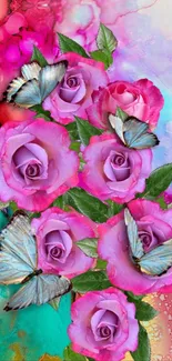 A vibrant mobile wallpaper with pink roses and butterflies.