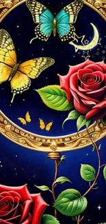 Vibrant wallpaper with roses and butterflies against a starry background.