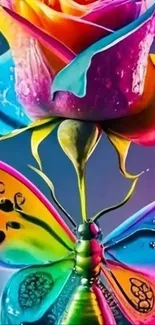 A vibrant rose and butterfly in a colorful art design.