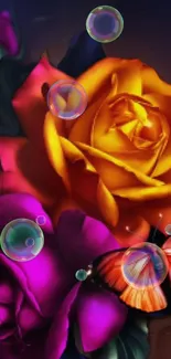 Vibrant digital art of a yellow rose with bubbles and a butterfly.