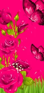 Vibrant pink rose and butterfly mobile wallpaper.