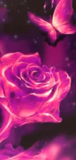 A luminous pink rose with a butterfly on a cosmic background.